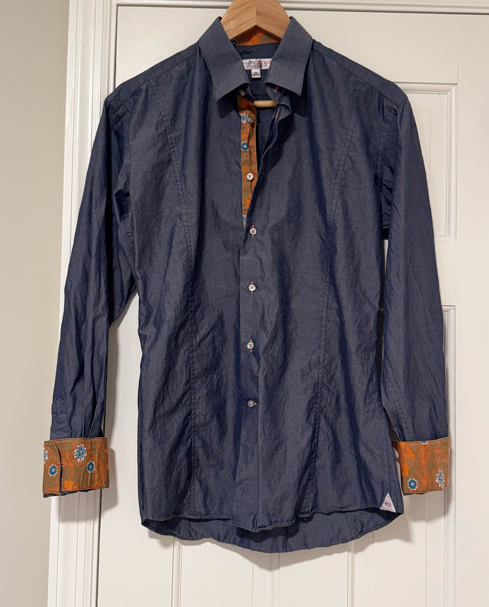 Coton Doux Parisian Luxury Blue Slim Dress Shirt Paisley Accents Sz 39 / 15.5